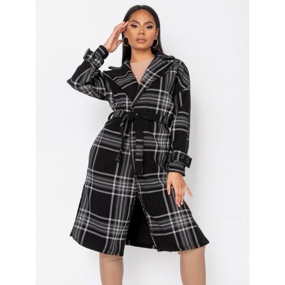 Black Plaid Check Wool Blend Long Sleeve Belted Lapel Collared Trench Coat - Picture 2 of 11